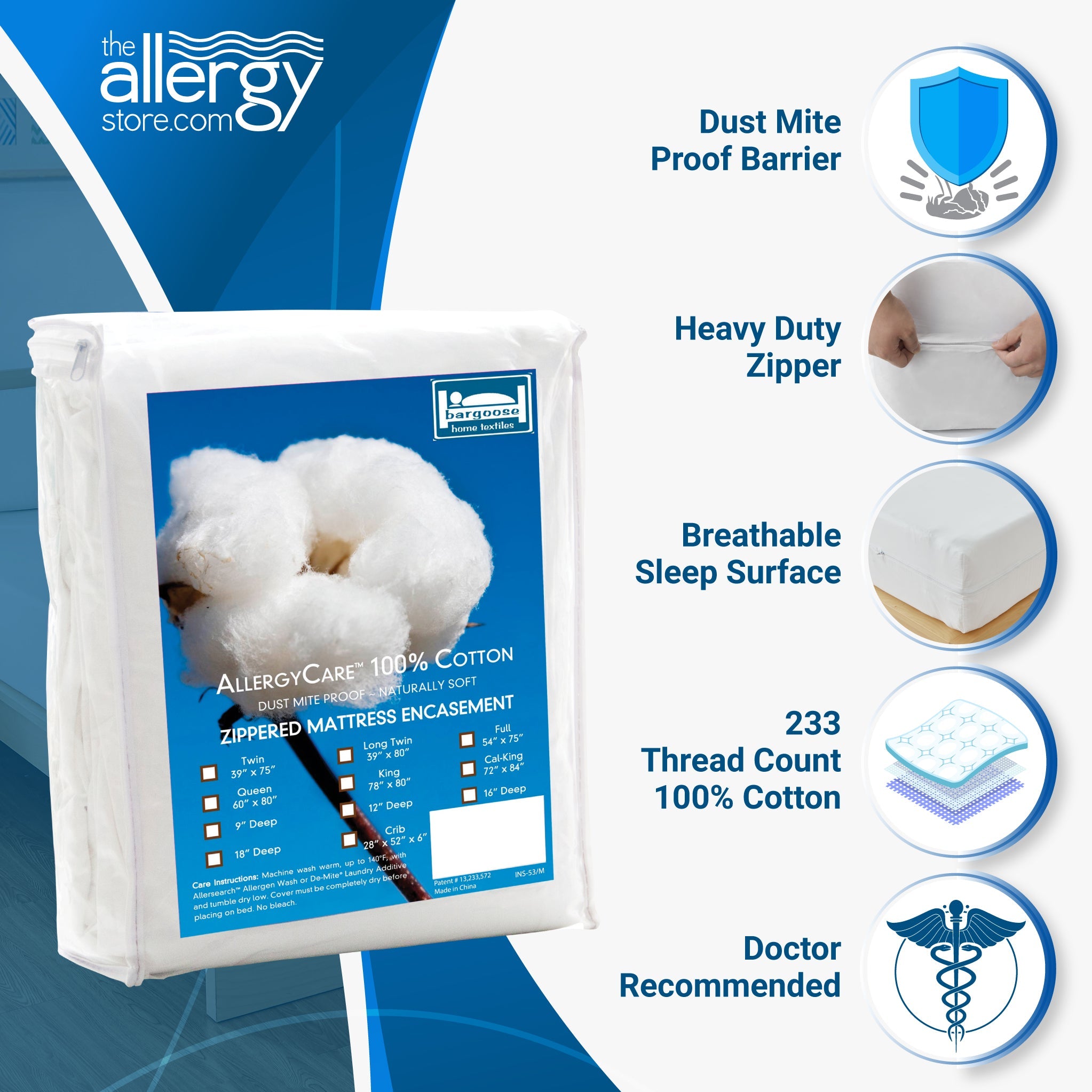 AllergyCare™ - Cotton Zippered Mattress Encasement Protector Zippered Mattress Protector / Cover Bargoose Home Textiles, Inc. 