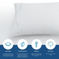 White AllergyCare pillow  protector with features listed on a blue banner