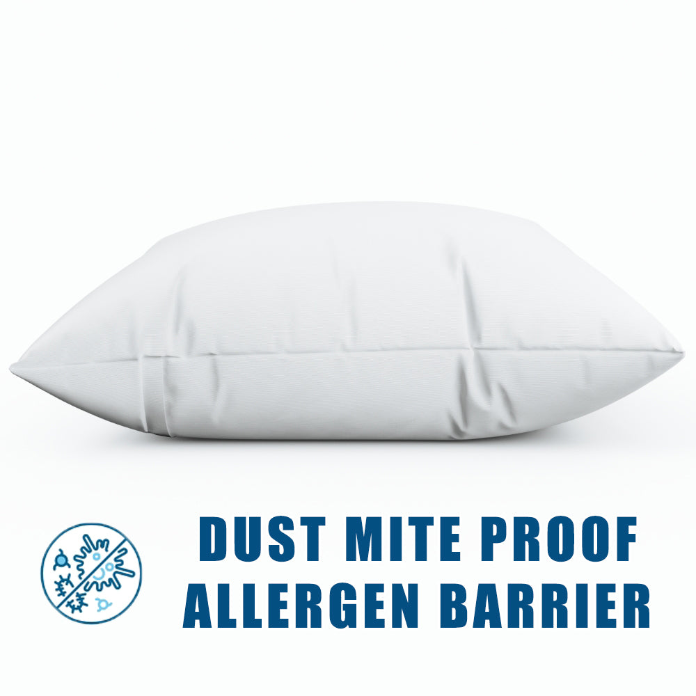 White pillow with 'Dust Mite Proof Allergen Barrier' text and logo on a white background