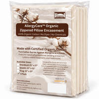 A 4-pack of AllergyCare Organic Zippered Pillow Enasement in a clear plastic bag with a white and brown label, showing the beige zippered cotton inserts.