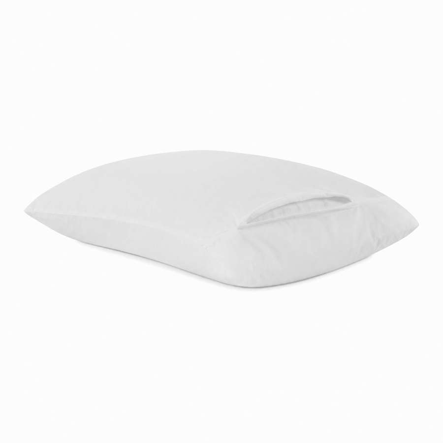 Bargoose French fold pillow protector shown, T-180 cotton-polyester blend in white