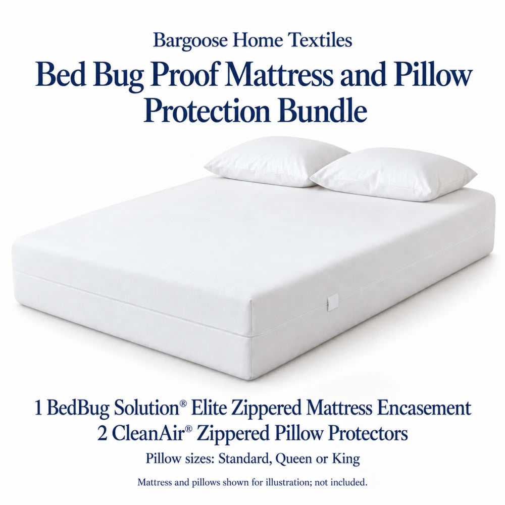 Bed Bug Proof bundle: white zippered mattress encasement and two pillow protectors shown in use; mattress and pillows not included.