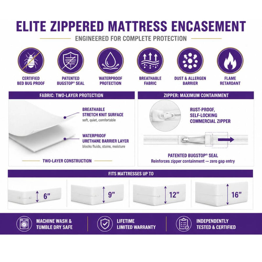 Elite zippered mattress encasement with features and benefits listed on a white background.