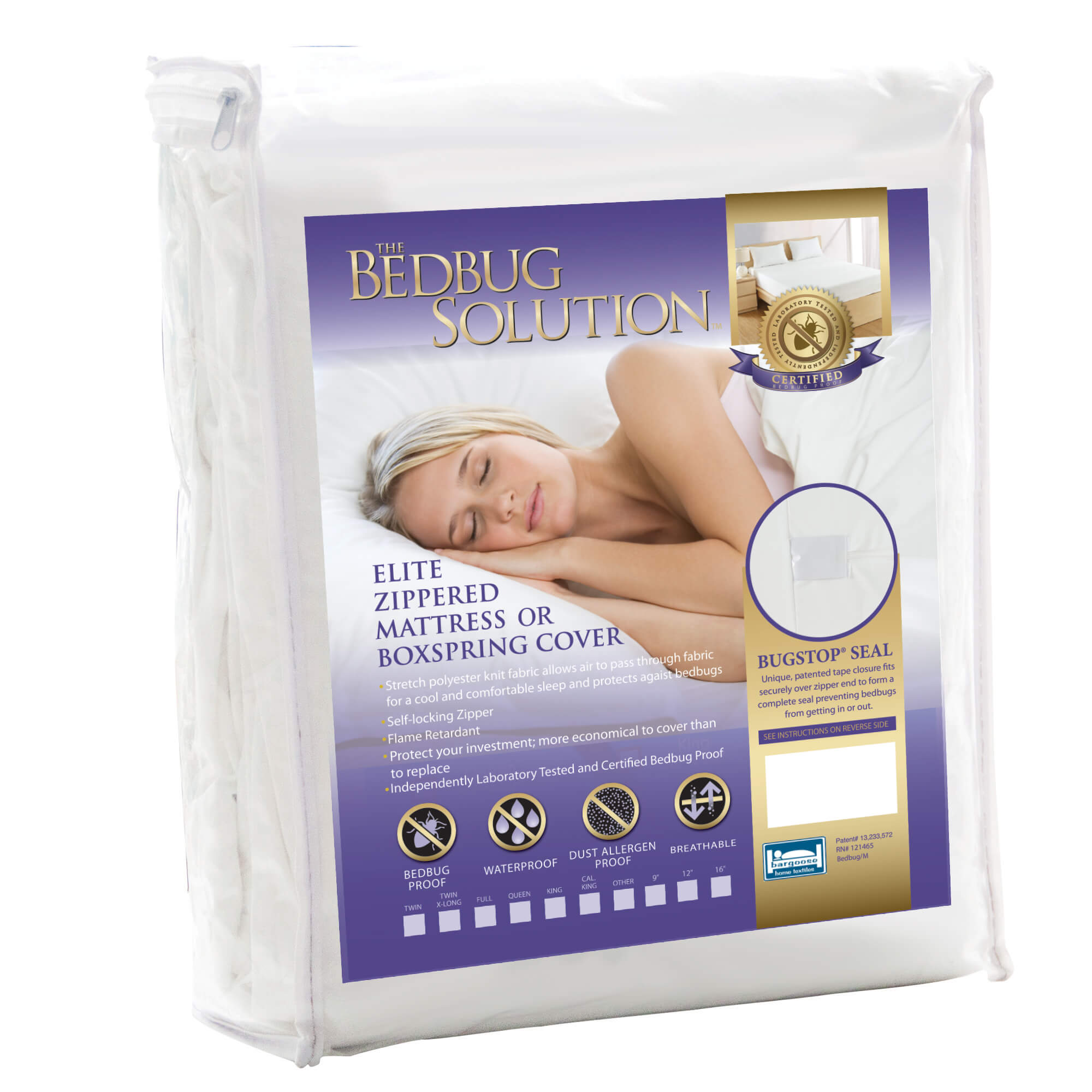 Packaged bedbug solution mattress or boxspring cover with a woman on the label.