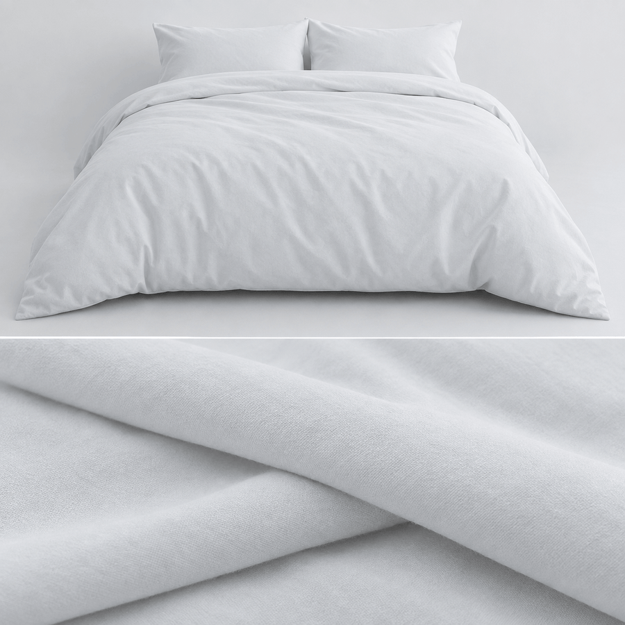 AllergyCare cotton duvet cover on a bed, with a close-up of the folded cotton fabric