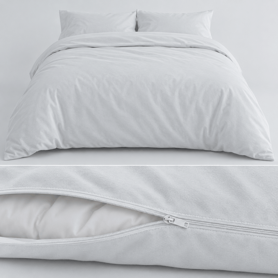 AllergyCare cotton duvet cover on a made bed, with a close-up of the zipper opened along the edge