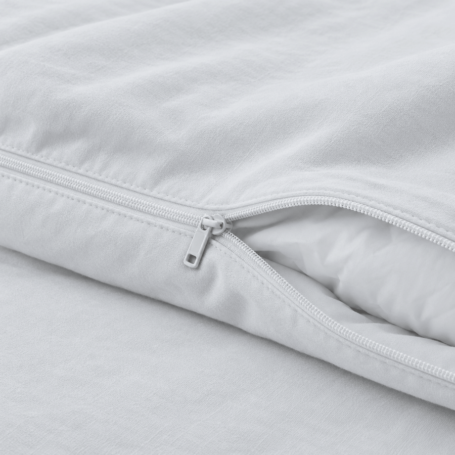 Close-up of the zipper on the AllergyCare cotton duvet cover, partly open