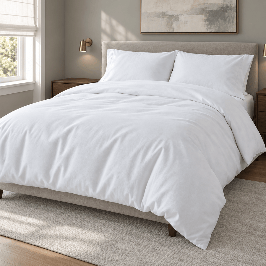White AllergyCare stretch knit duvet cover on a bed in a neutral bedroom