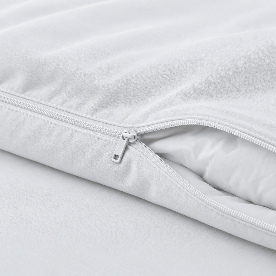 Close-up of the zipper on the AllergyCare stretch knit duvet cover, partly open