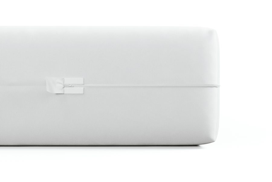 BedBug Solution Elite zippered mattress encasement in white, three-quarter view showing the sealed zipper closure
