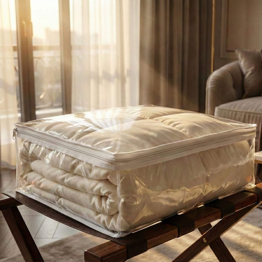 Folded blankets in a clear zippered storage bag on a wooden stool with a blurred indoor background