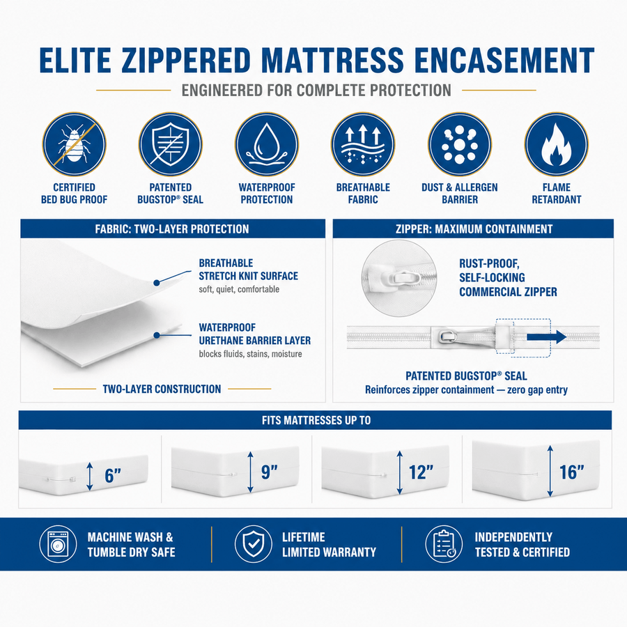 Elite encasement feature overview: bed bug proof, patented BugStop seal, waterproof two-layer fabric, breathable, flame retardant, fits 6–16 inch depths