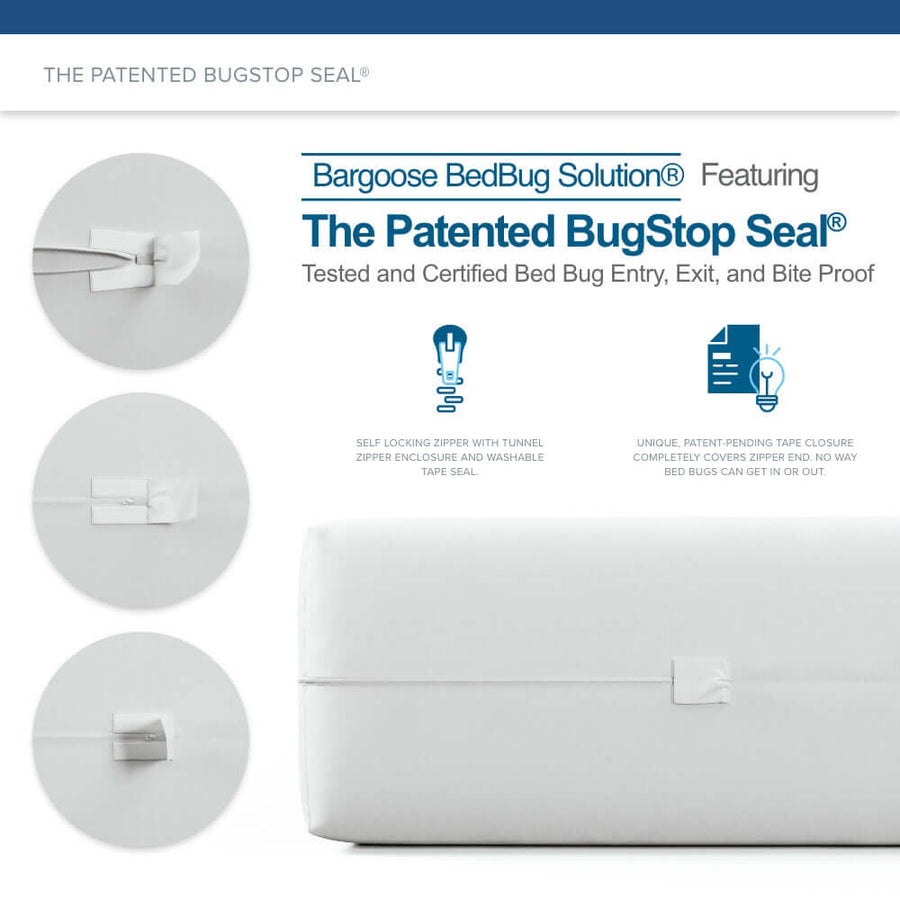 Close-up of the patented BugStop seal and self-locking zipper that blocks bed bug entry, exit, and bites