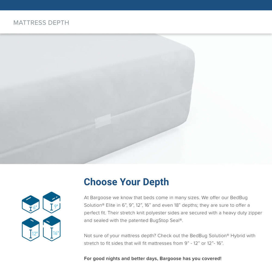 Depth selection guide for the Elite encasement in 6, 9, 12, and 16 inch mattress heights