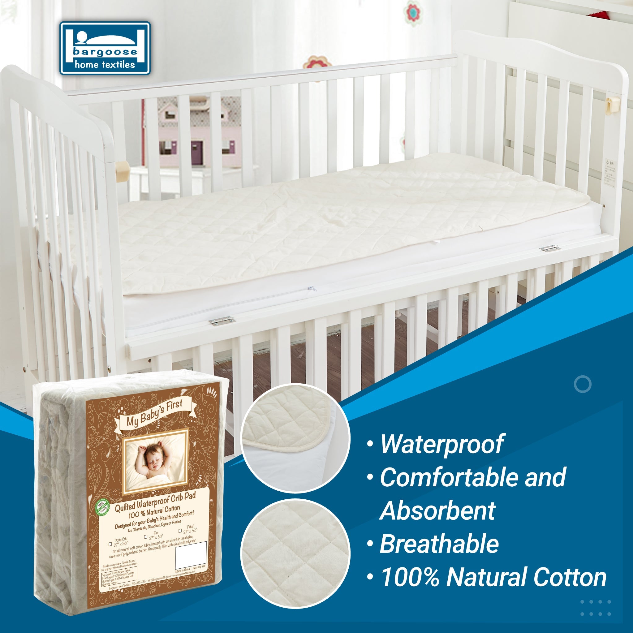 Natural Cotton Top Waterproof Porta Crib Mattress Pad - 27 x 36 crib mattress pad Bargoose Home Textiles, Inc. 